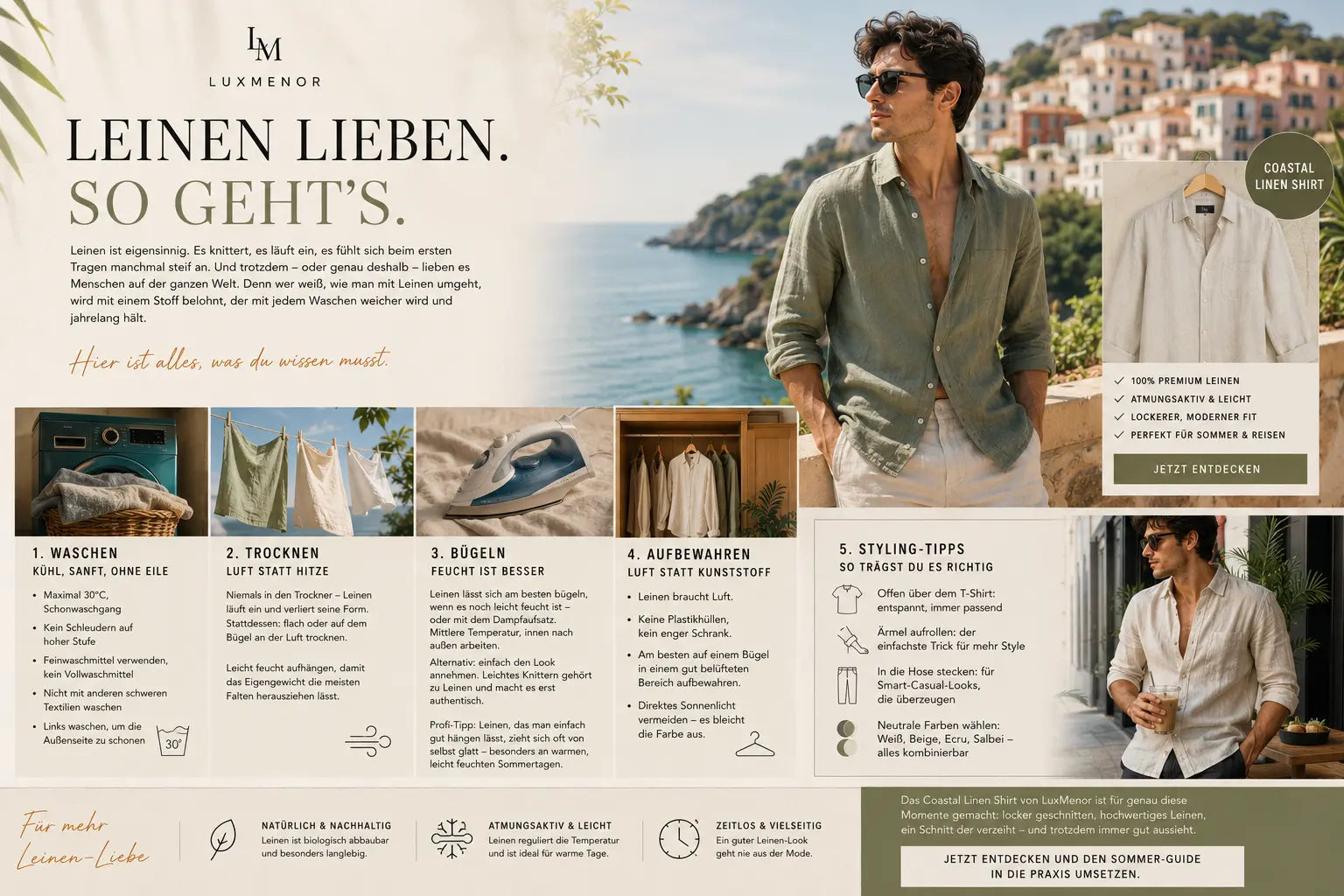 Leinenhemd richtig pflegen & stylen – Der ultimative Guide für den Sommer LuxMenor