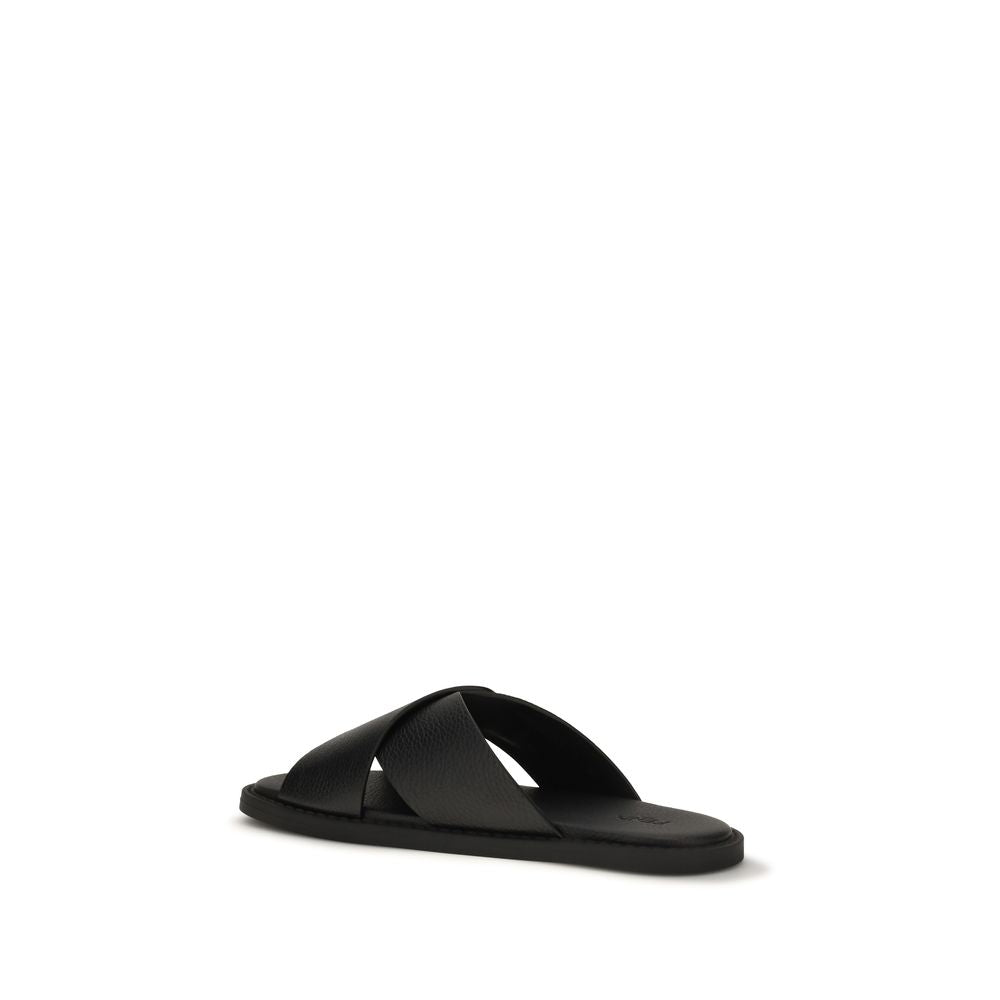 Schwarze flache Sandalen aus Leder