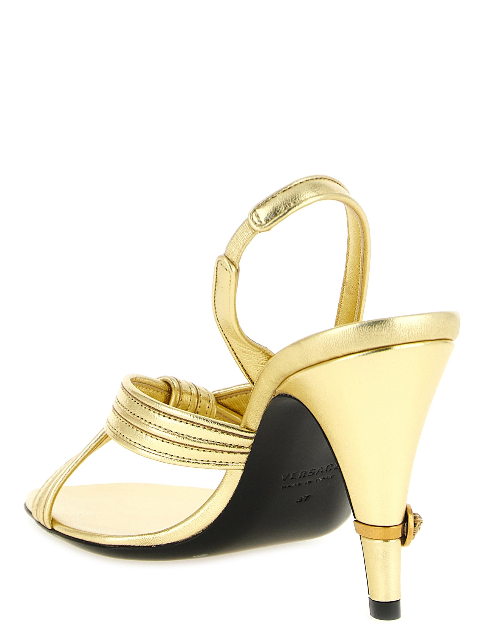 Sandale mit Stiletto-Absatz aus laminiertem Lammleder in Gold