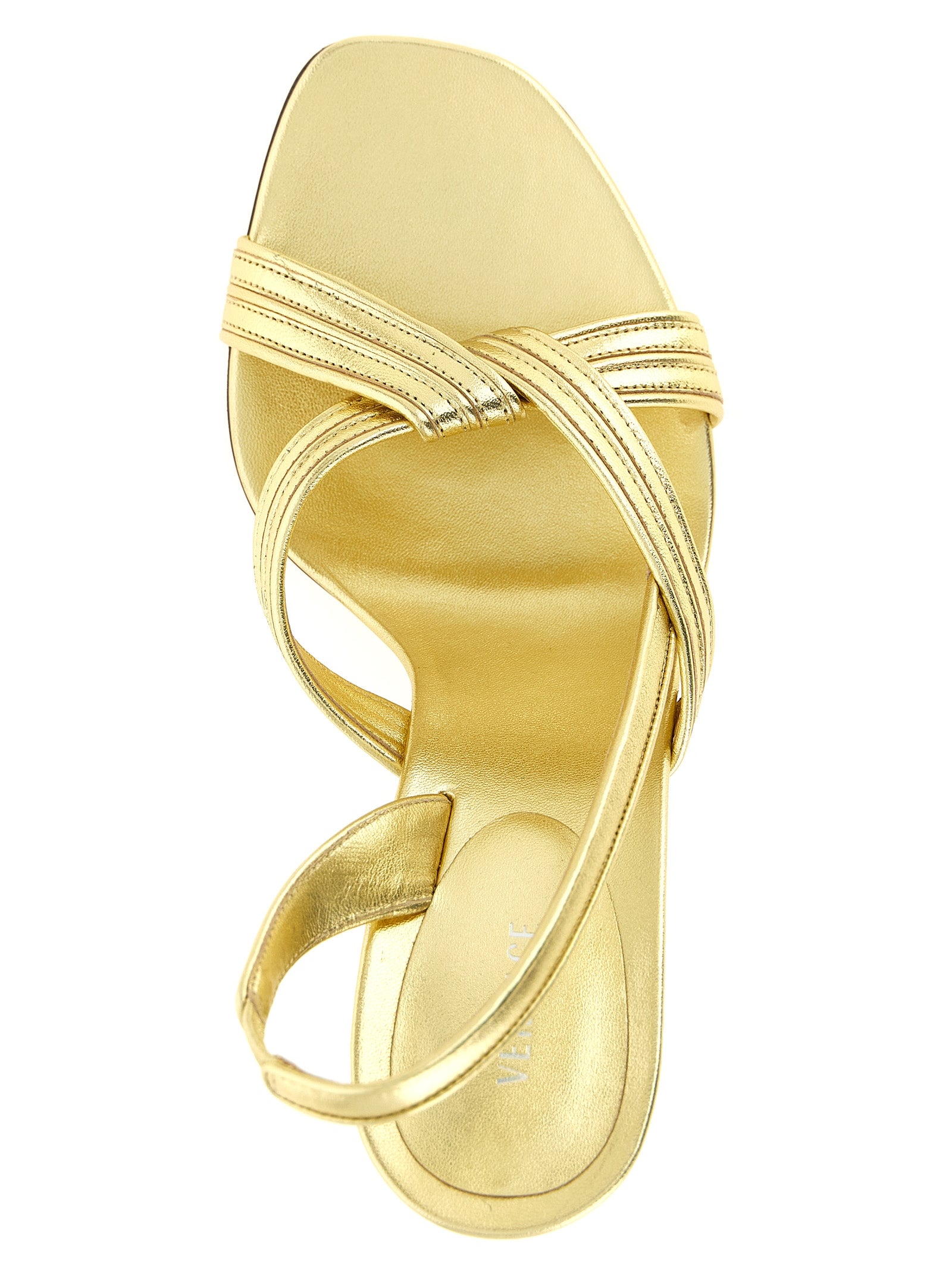 Sandale mit Stiletto-Absatz aus laminiertem Lammleder in Gold