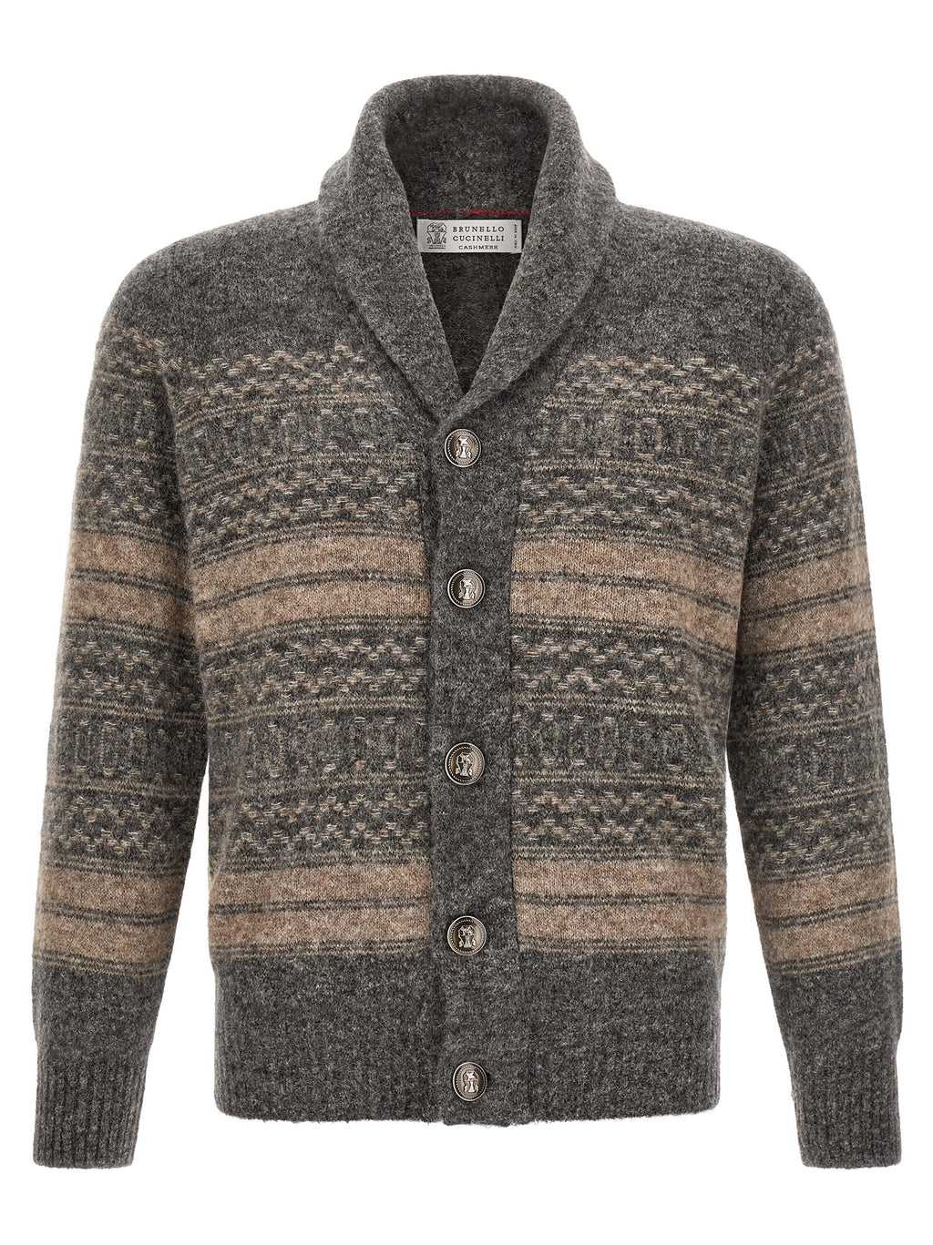 Grauer Strickcardigan aus Alpaka und Leder