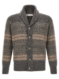 Grauer Strickcardigan aus Alpaka und Leder