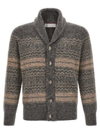 Grauer Strickcardigan aus Alpaka und Leder