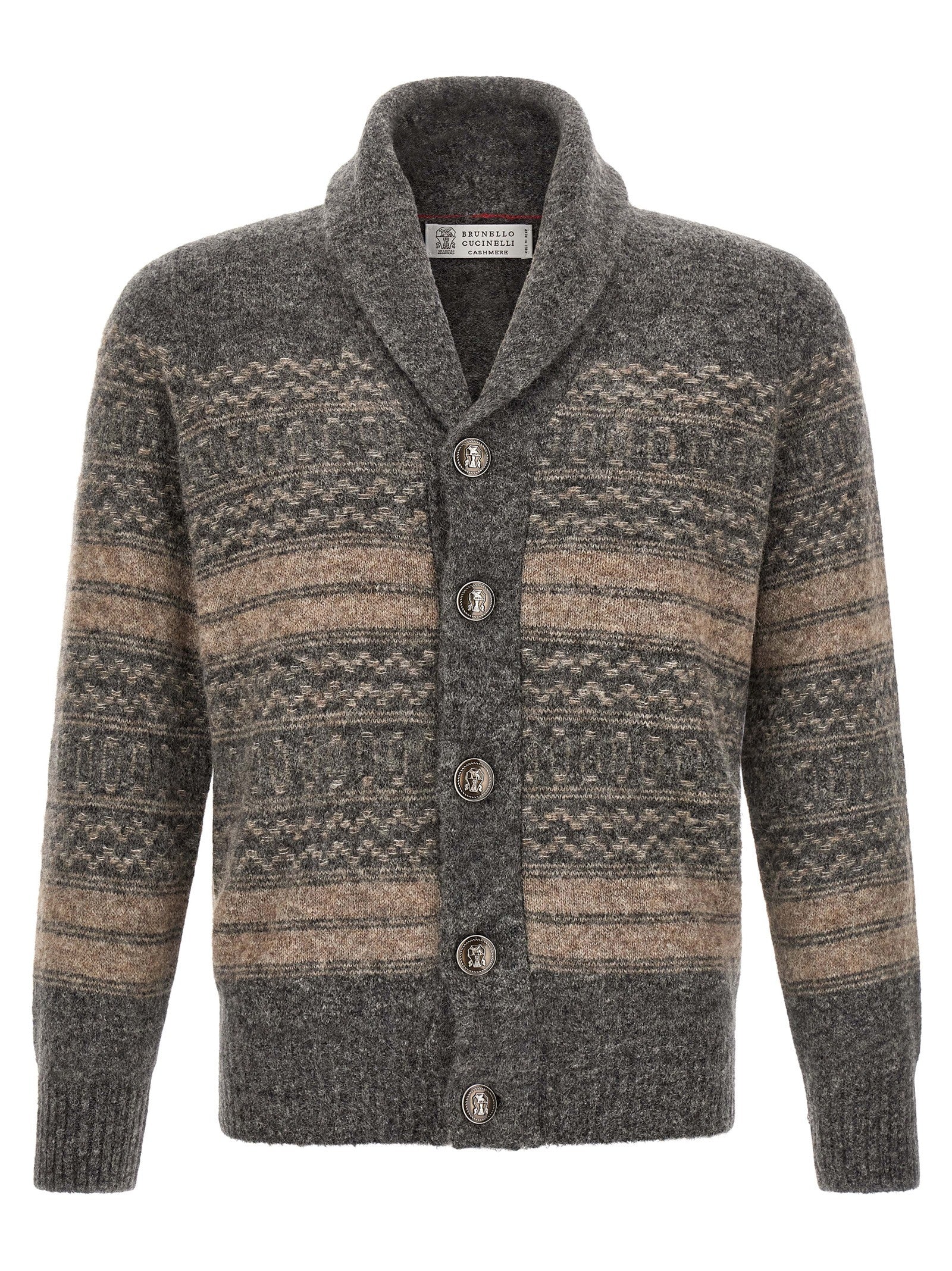 Grauer Strickcardigan aus Alpaka und Leder
