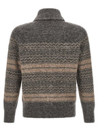Grauer Strickcardigan aus Alpaka und Leder