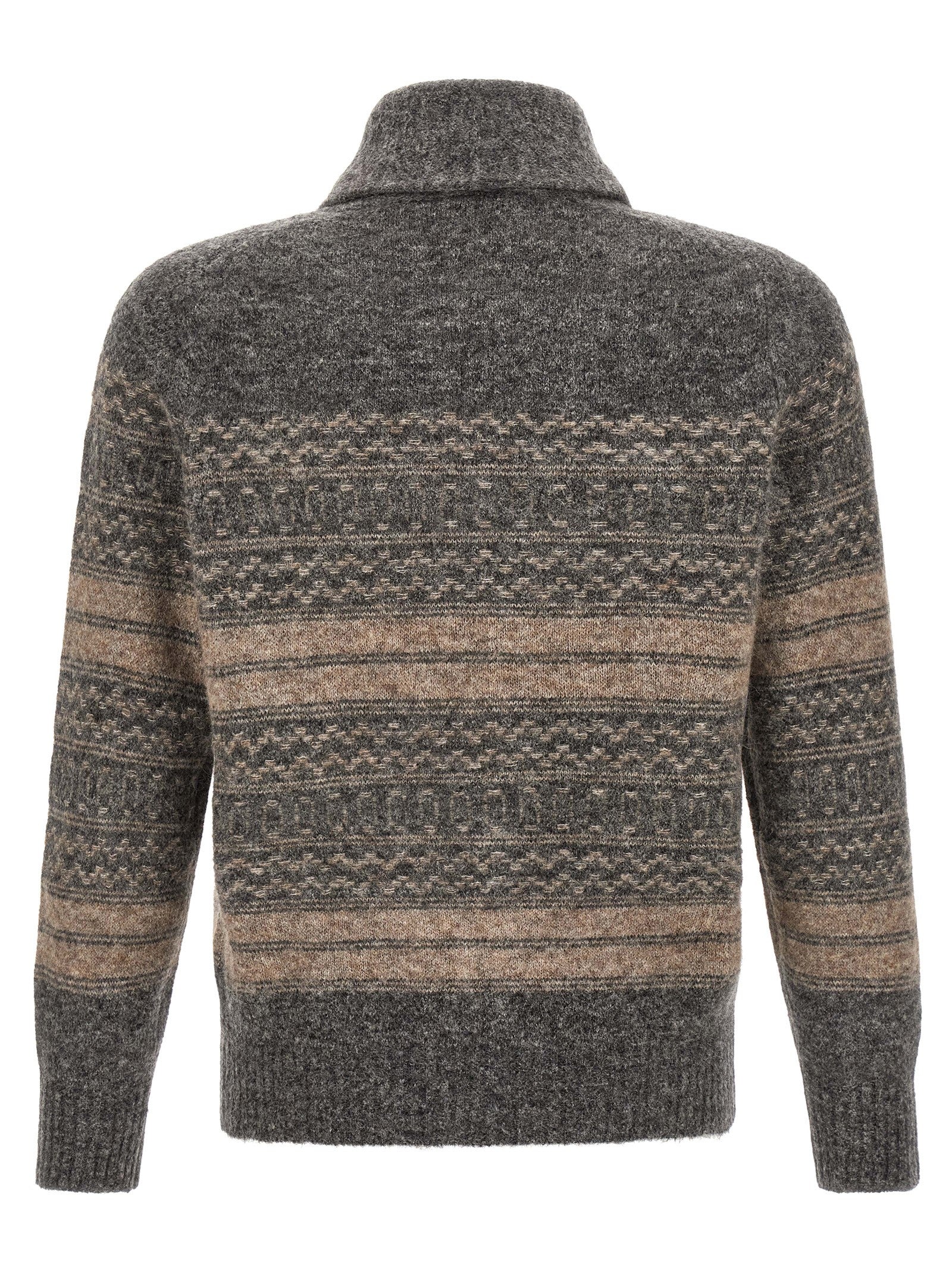 Grauer Strickcardigan aus Alpaka und Leder