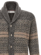 Grauer Strickcardigan aus Alpaka und Leder