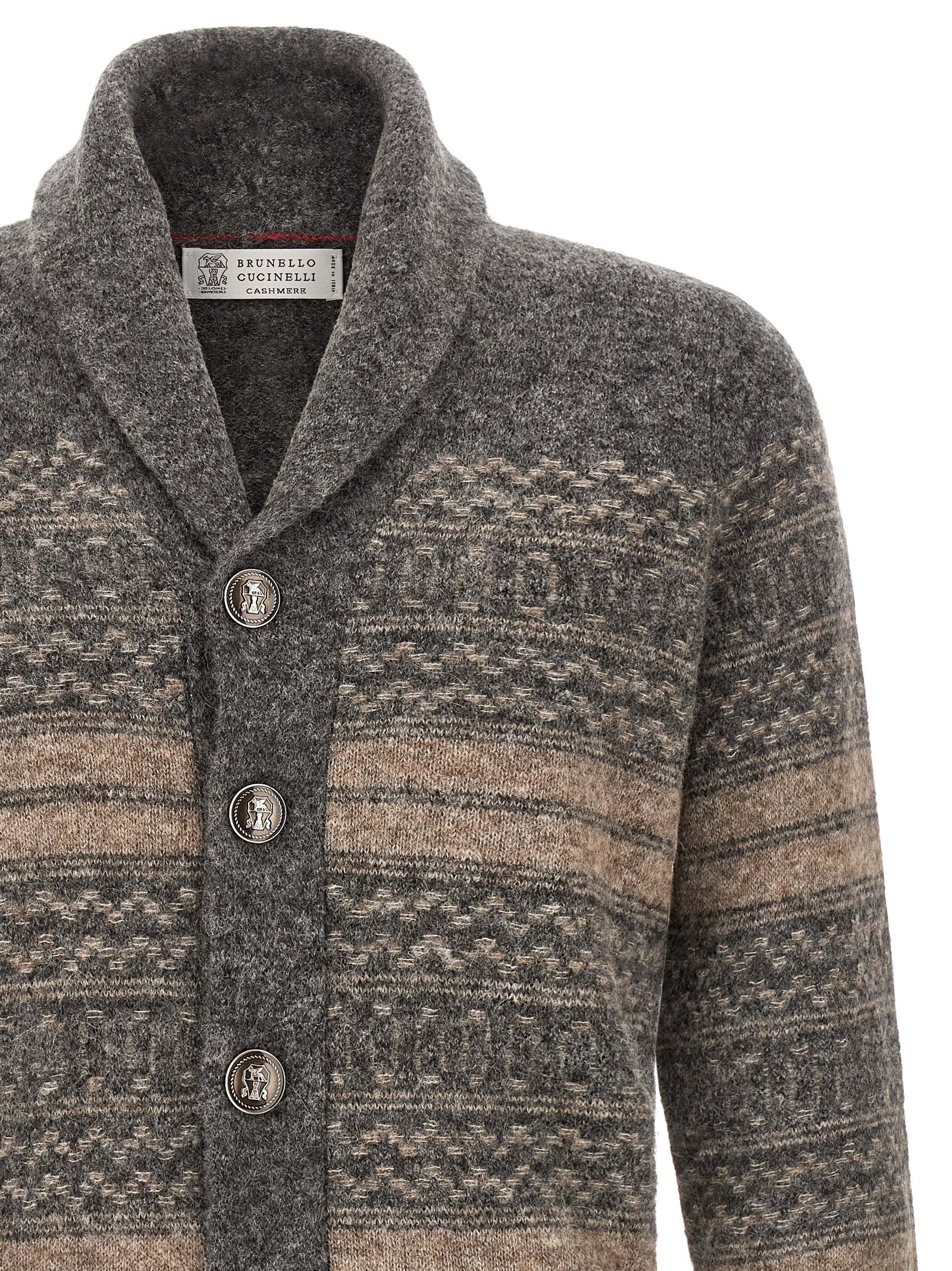 Grauer Strickcardigan aus Alpaka und Leder