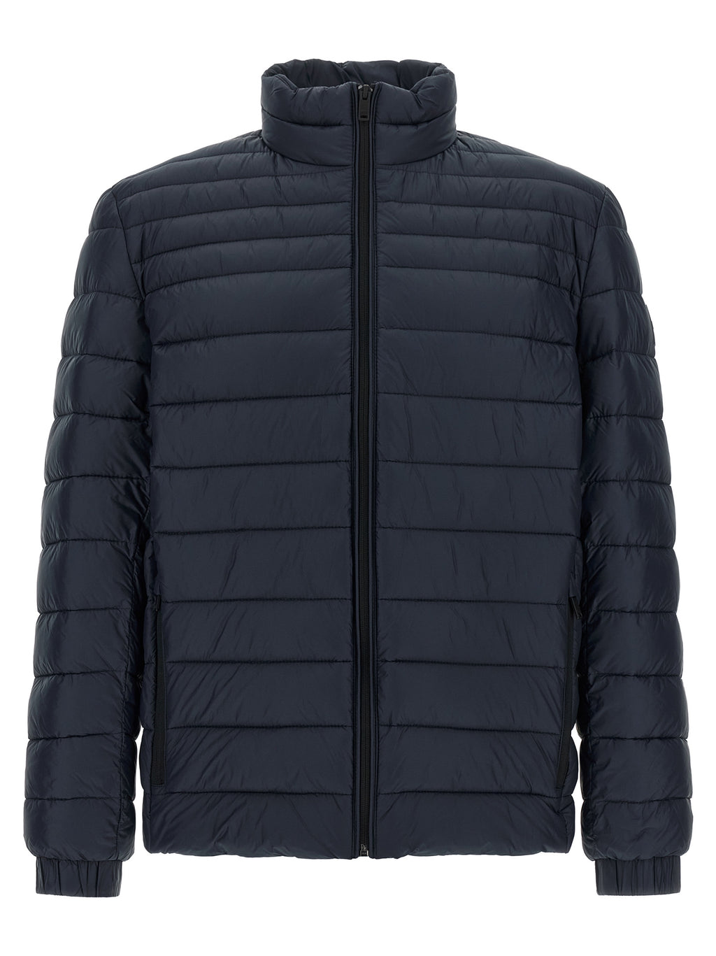 Blaue Polyamid-Jacke in voller Länge
