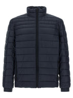 Blaue Polyamid-Jacke in voller Länge