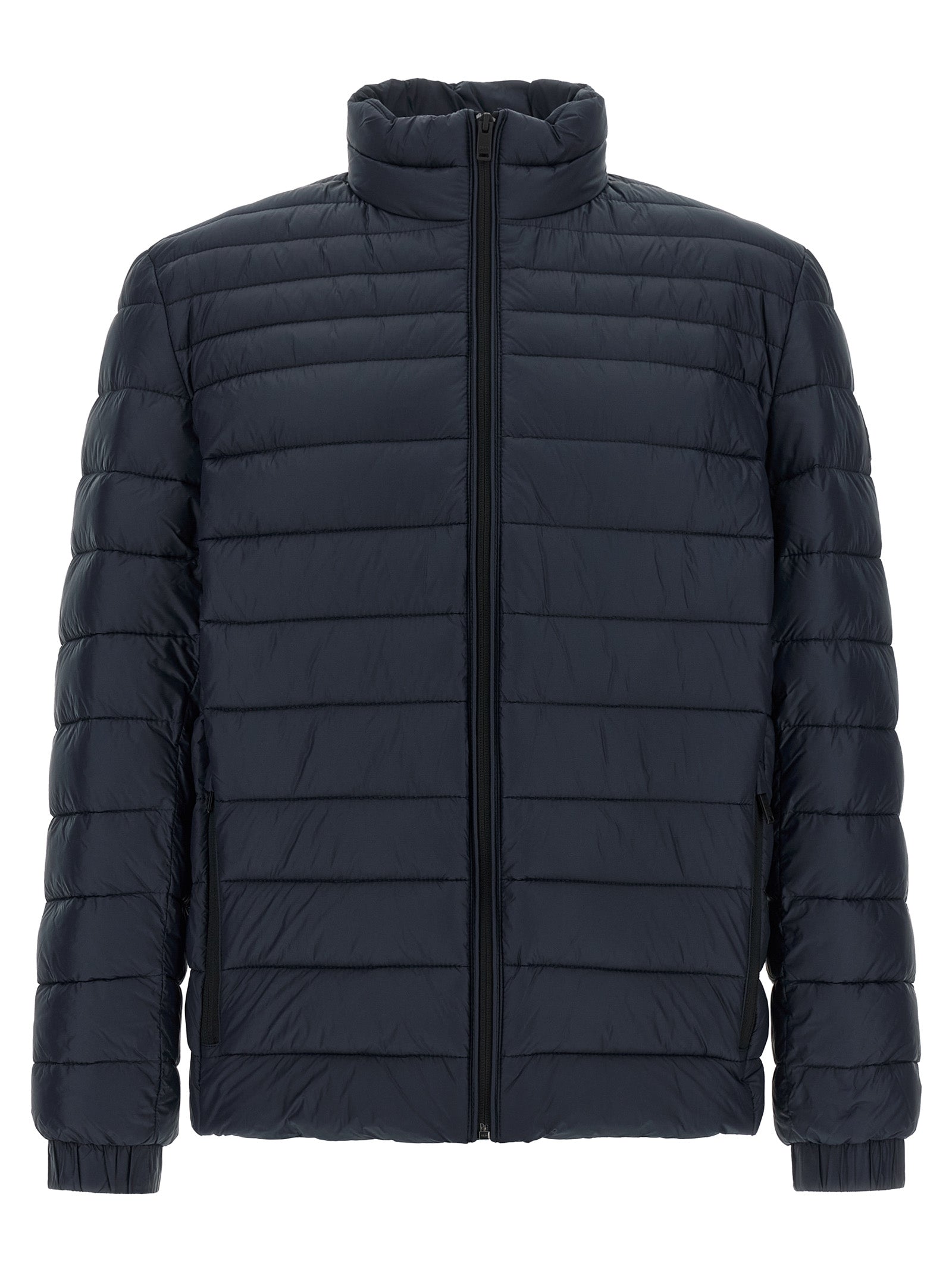 Blaue Polyamid-Jacke in voller Länge