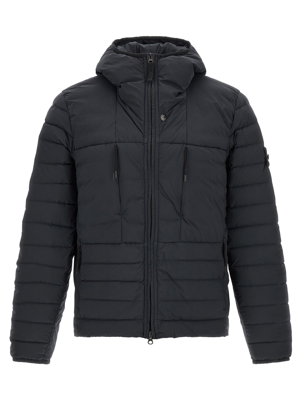 Blaue Polyamid-Jacke in voller Länge