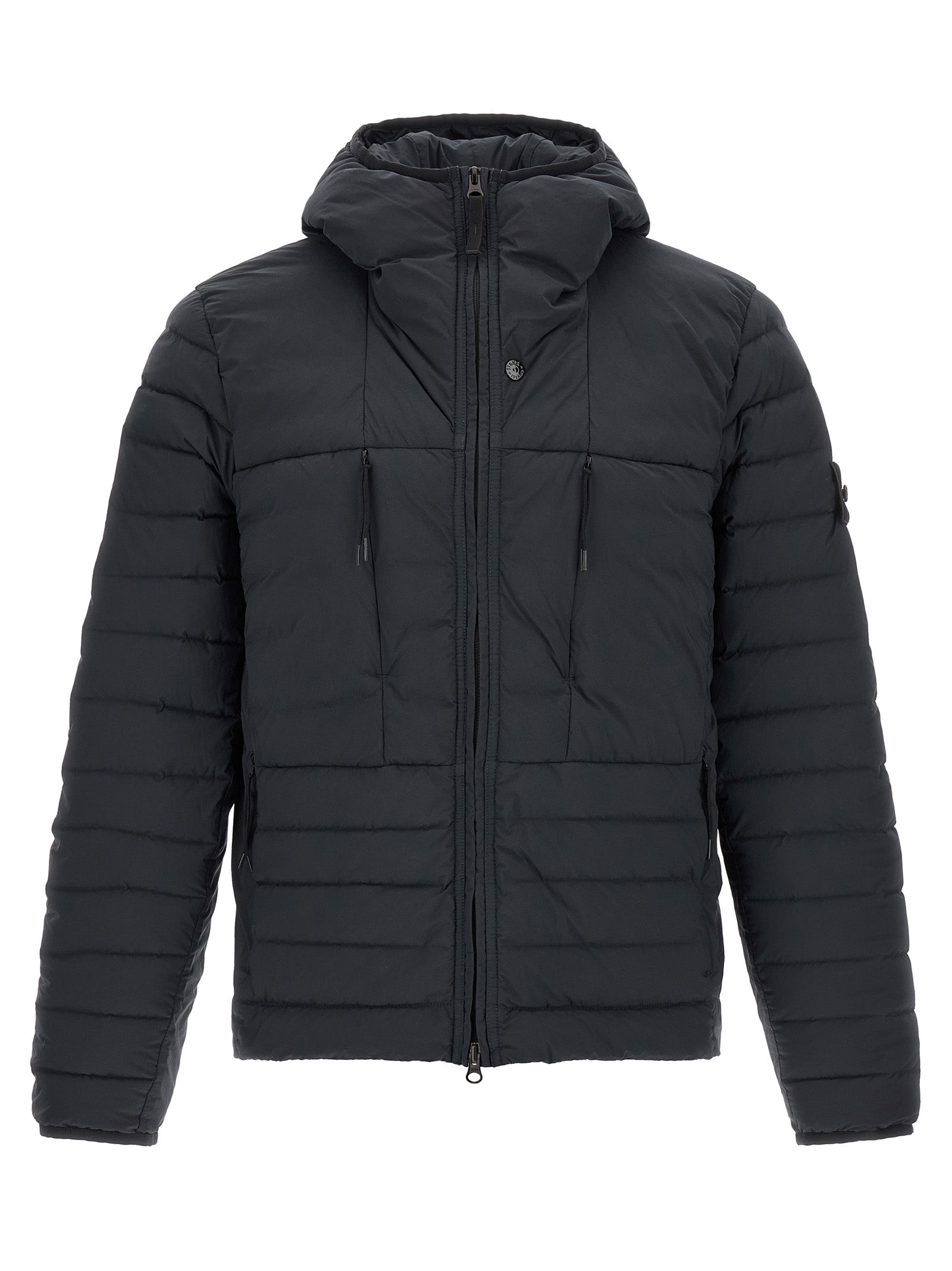 Blaue Polyamid-Jacke in voller Länge