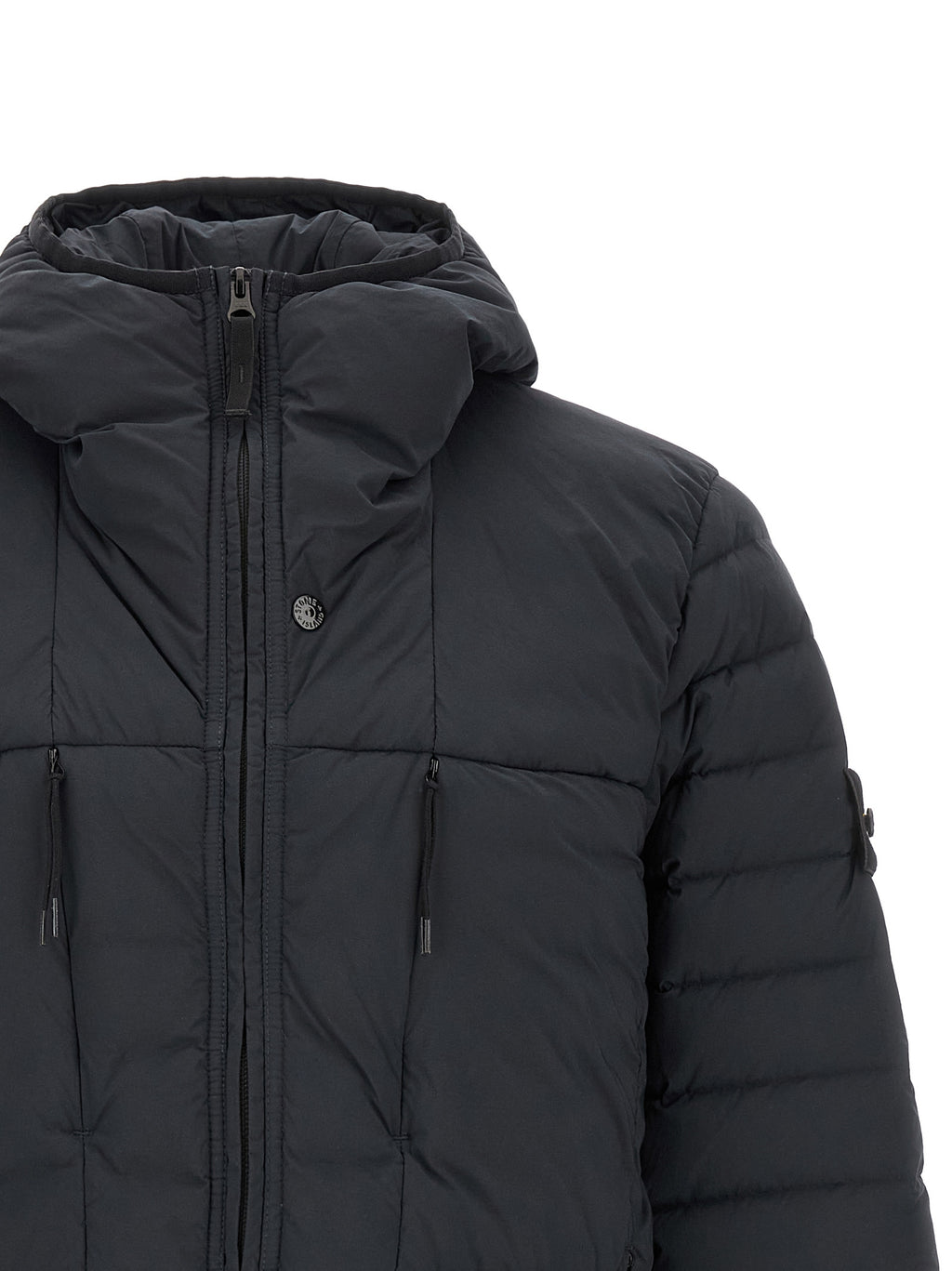 Blaue Polyamid-Jacke in voller Länge