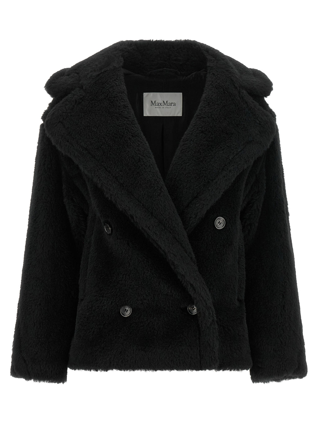 Schwarzer Mantel aus Alpaka und Leder