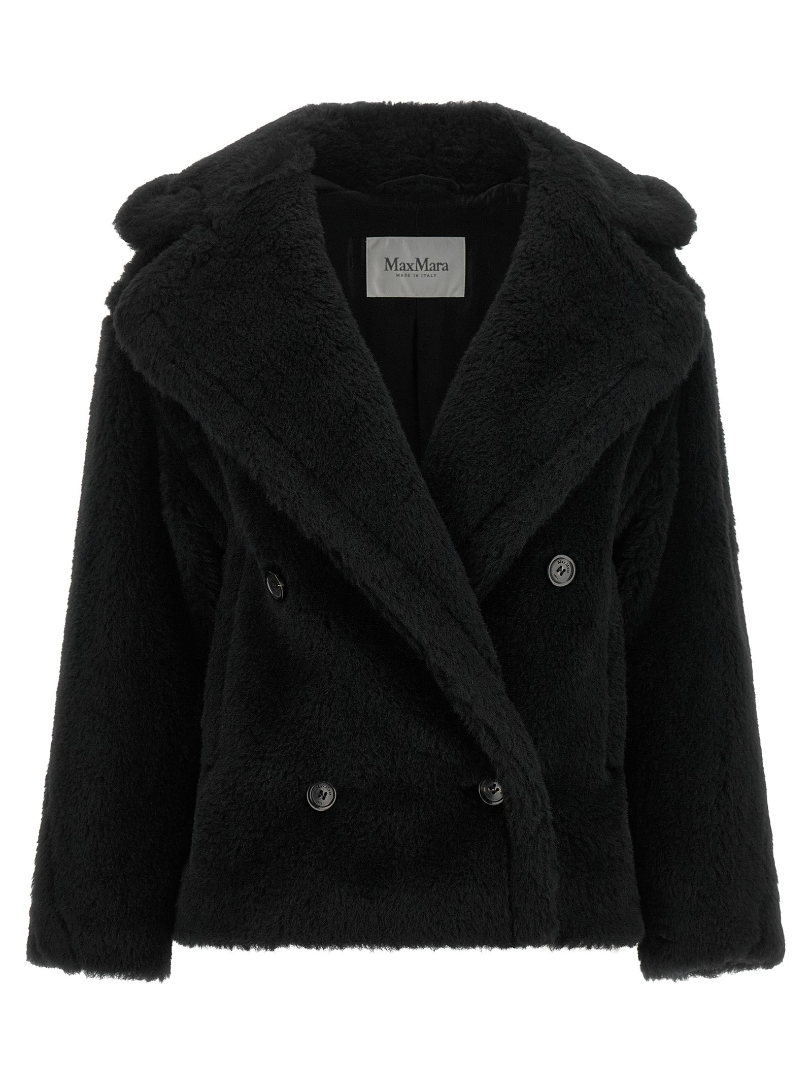 Schwarzer Mantel aus Alpaka und Leder