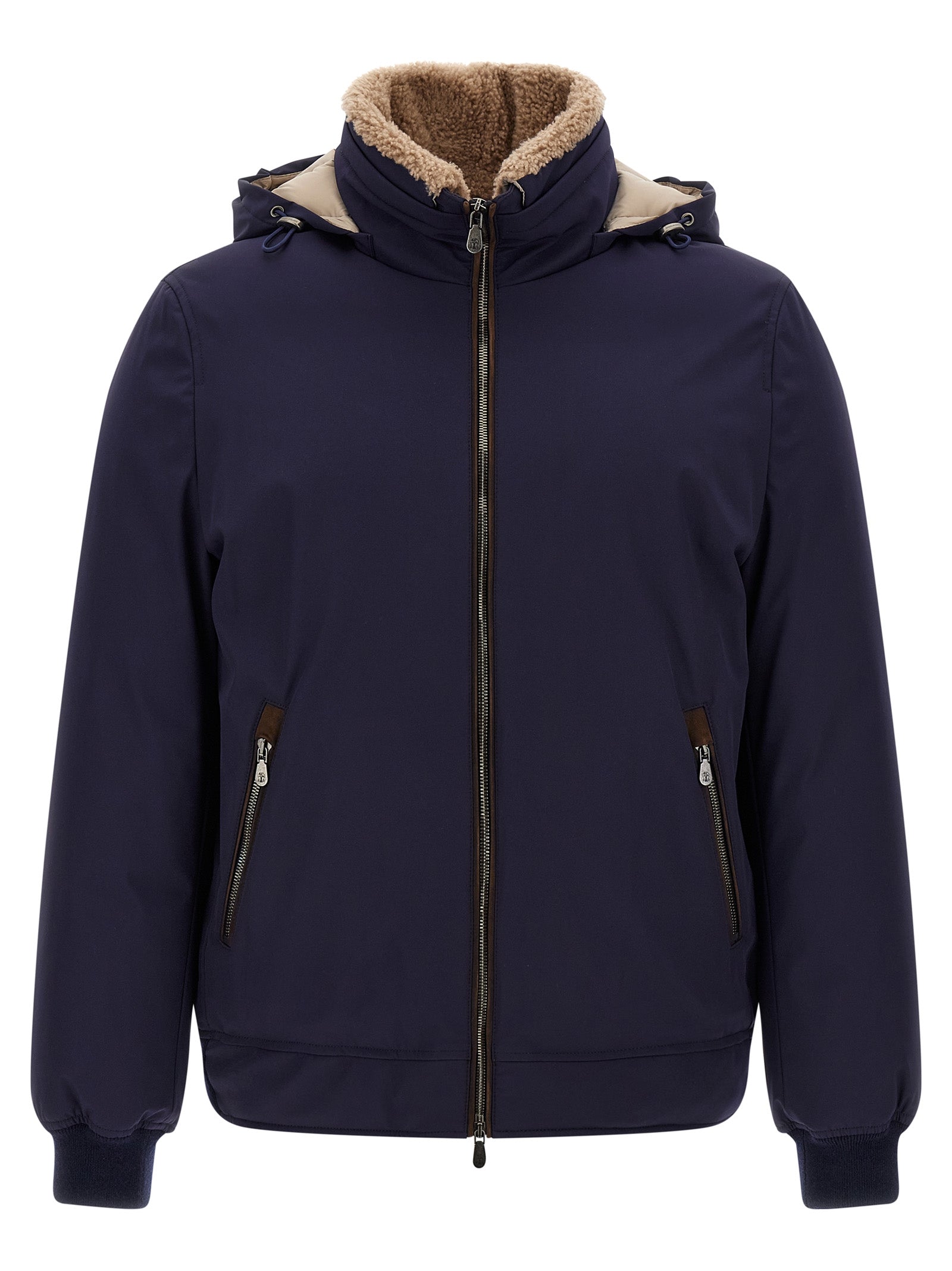 Blaue Polyamid-Jacke in voller Länge