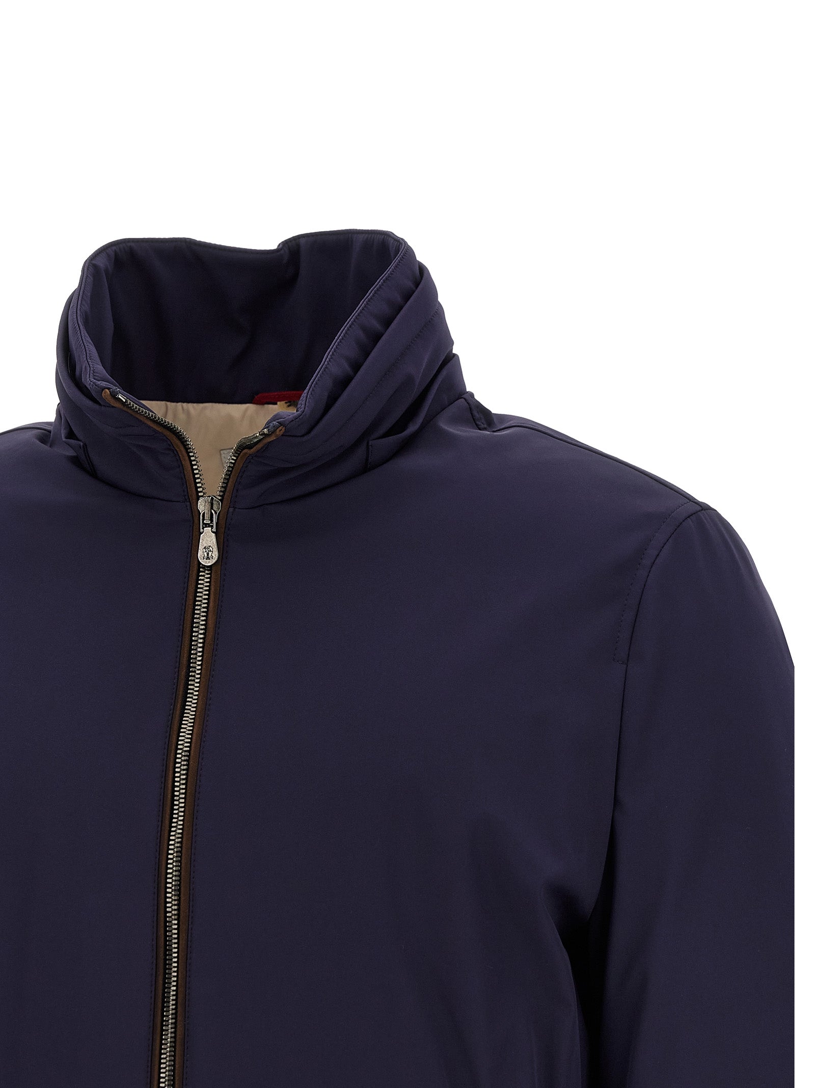 Blaue Polyamid-Jacke in voller Länge