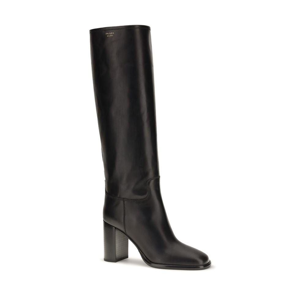 Schwarze Kalbsleder Bos Taurus High Heel Stiefel Prada