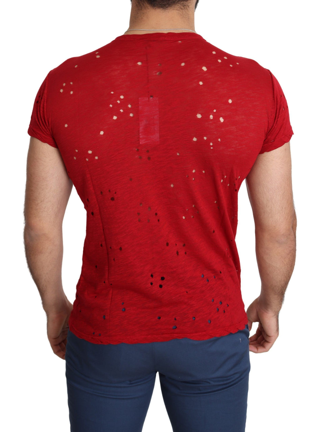 Rotes Baumwoll-Logo Print Männer Casual Top Perforiertes T-Shirt