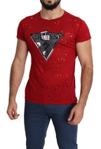 Rotes Baumwoll-Logo Print Männer Casual Top Perforiertes T-Shirt