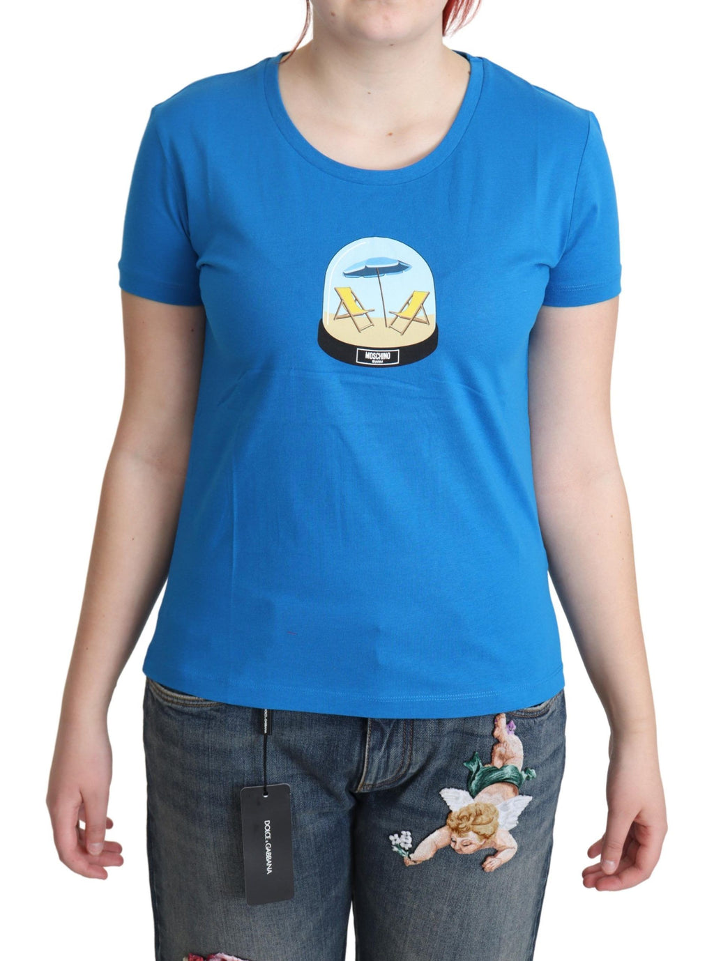 Blau bedrucktes Baumwoll-T-Shirt mit kurzen Ärmeln