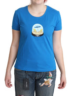 Blau bedrucktes Baumwoll-T-Shirt mit kurzen Ärmeln