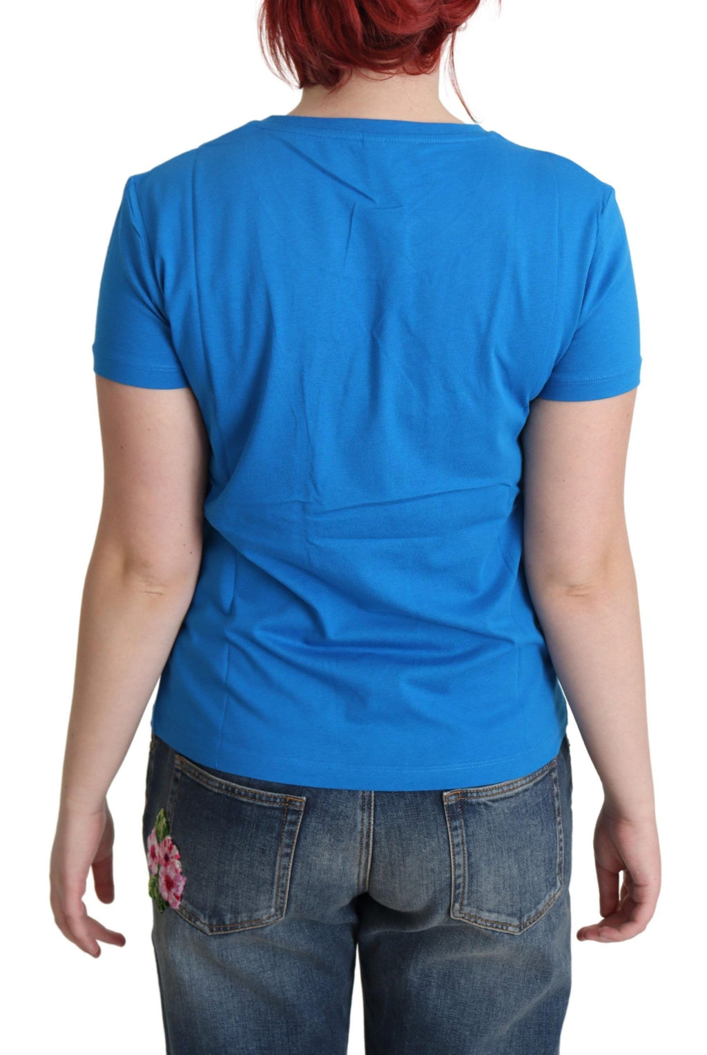 Blau bedrucktes Baumwoll-T-Shirt mit kurzen Ärmeln