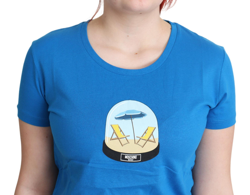 Blau bedrucktes Baumwoll-T-Shirt mit kurzen Ärmeln