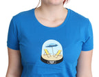 Blau bedrucktes Baumwoll-T-Shirt mit kurzen Ärmeln