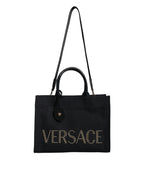 Schwarze Top Handle Canvas Leder Logo Crossbody Tote Bag