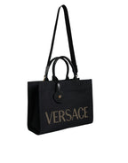 Schwarze Top Handle Canvas Leder Logo Crossbody Tote Bag