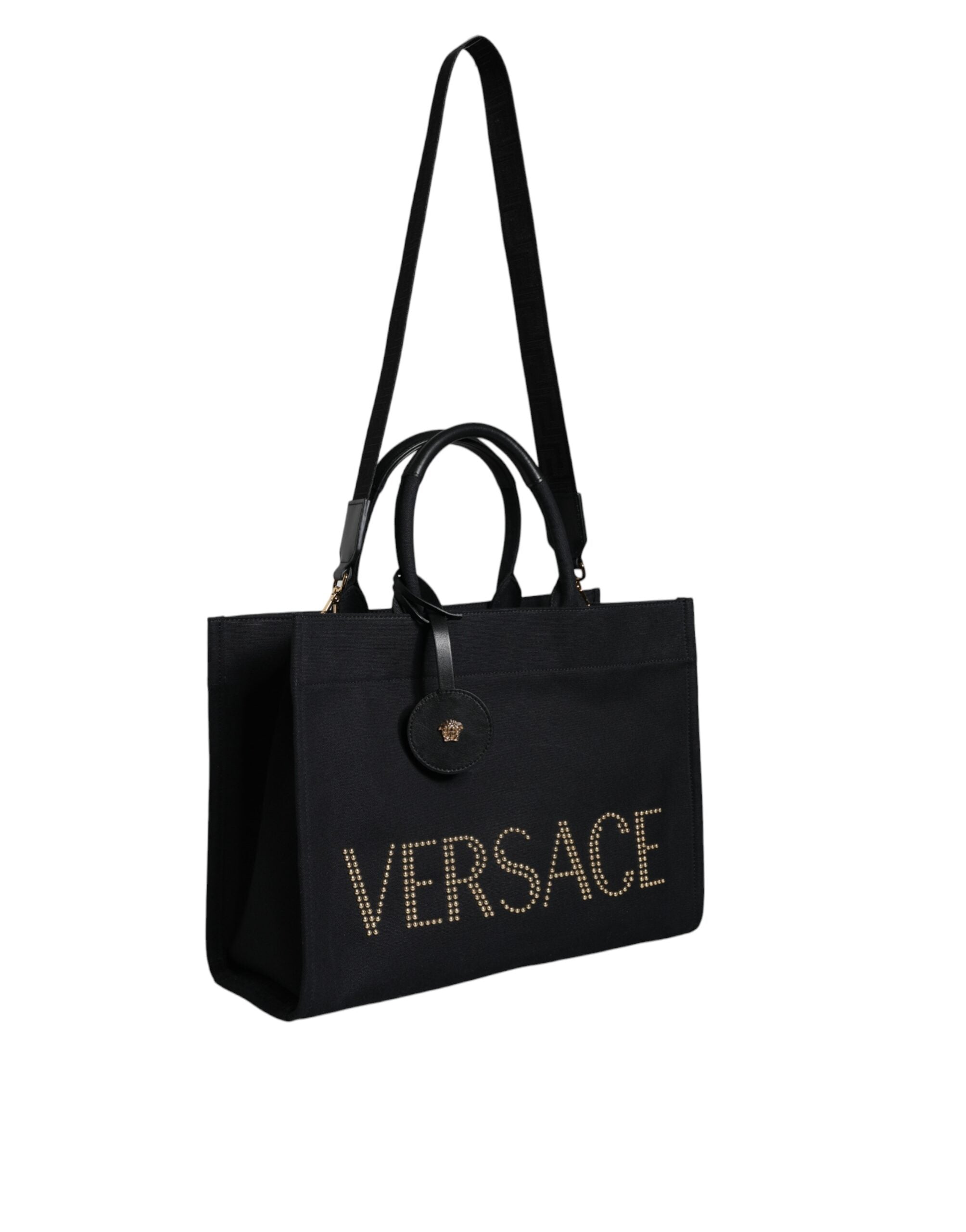 Schwarze Top Handle Canvas Leder Logo Crossbody Tote Bag