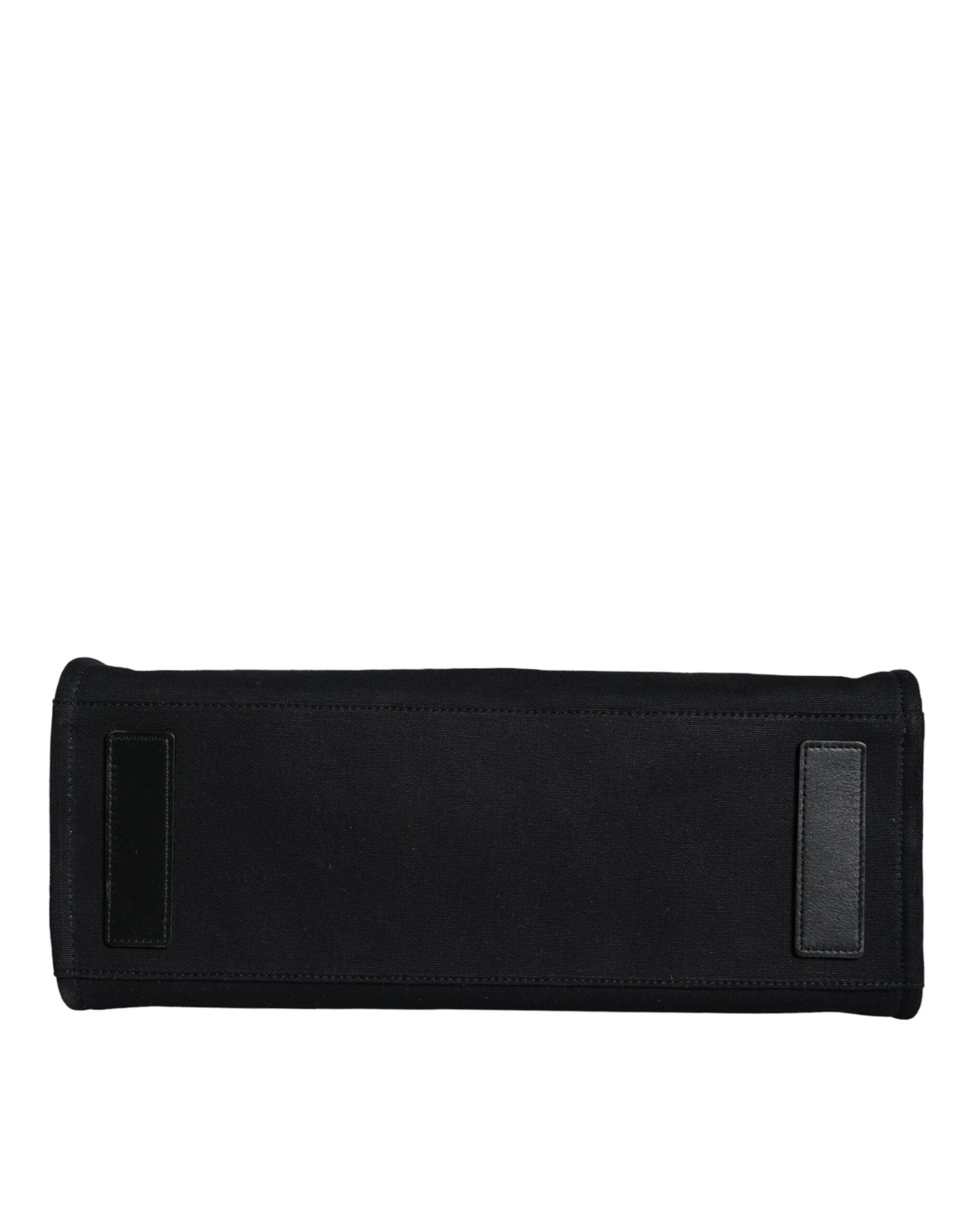 Schwarze Top Handle Canvas Leder Logo Crossbody Tote Bag