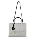 Weiße Top Handle Canvas Leder Logo Crossbody Tote Bag