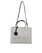 Weiße Top Handle Canvas Leder Logo Crossbody Tote Bag