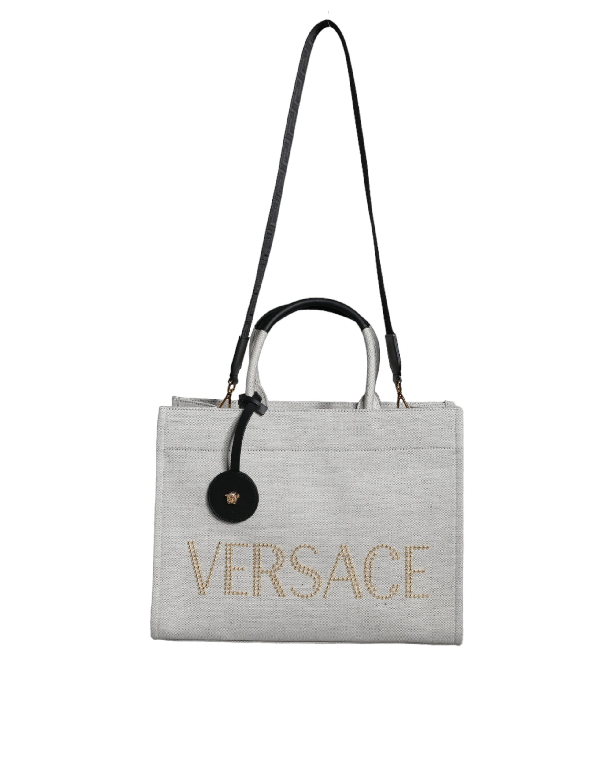 Weiße Top Handle Canvas Leder Logo Crossbody Tote Bag