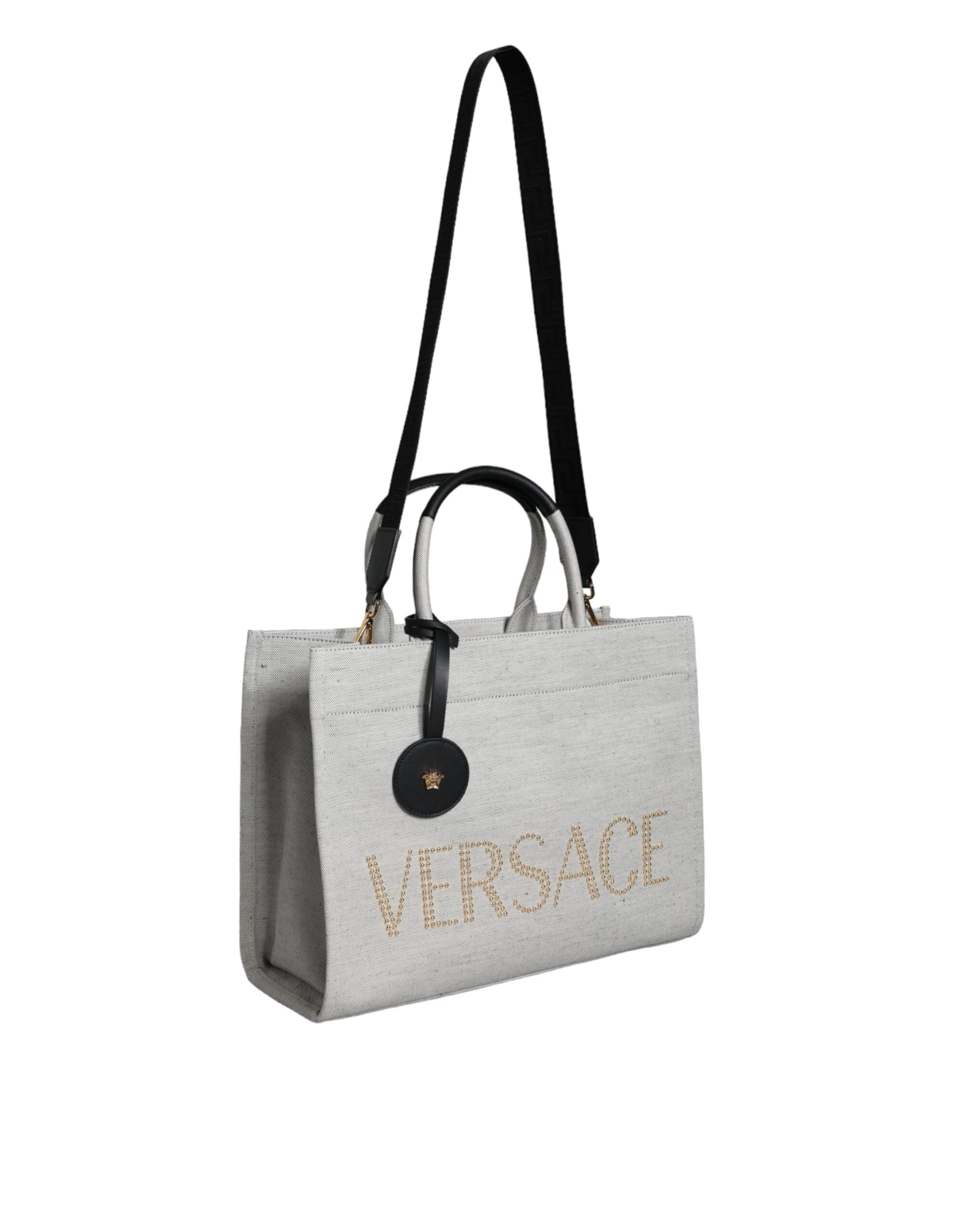 Weiße Top Handle Canvas Leder Logo Crossbody Tote Bag