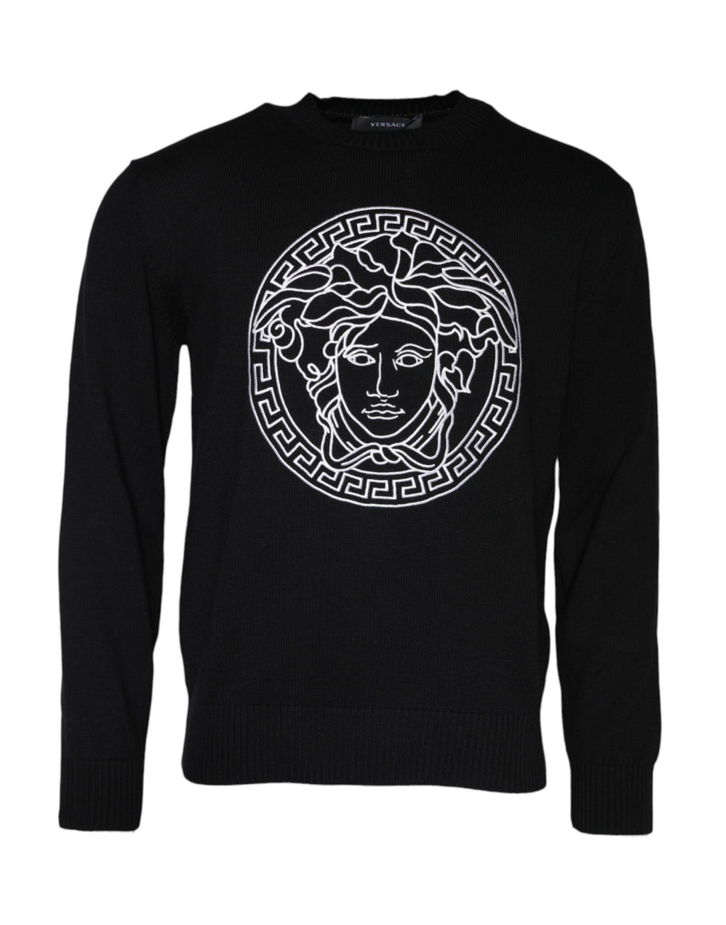 Schwarzer Pullover mit Medusa-Stickerei und Rundhalsausschnitt