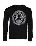 Schwarzer Pullover mit Medusa-Stickerei und Rundhalsausschnitt