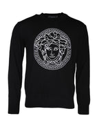 Schwarzer Pullover mit Medusa-Stickerei und Rundhalsausschnitt