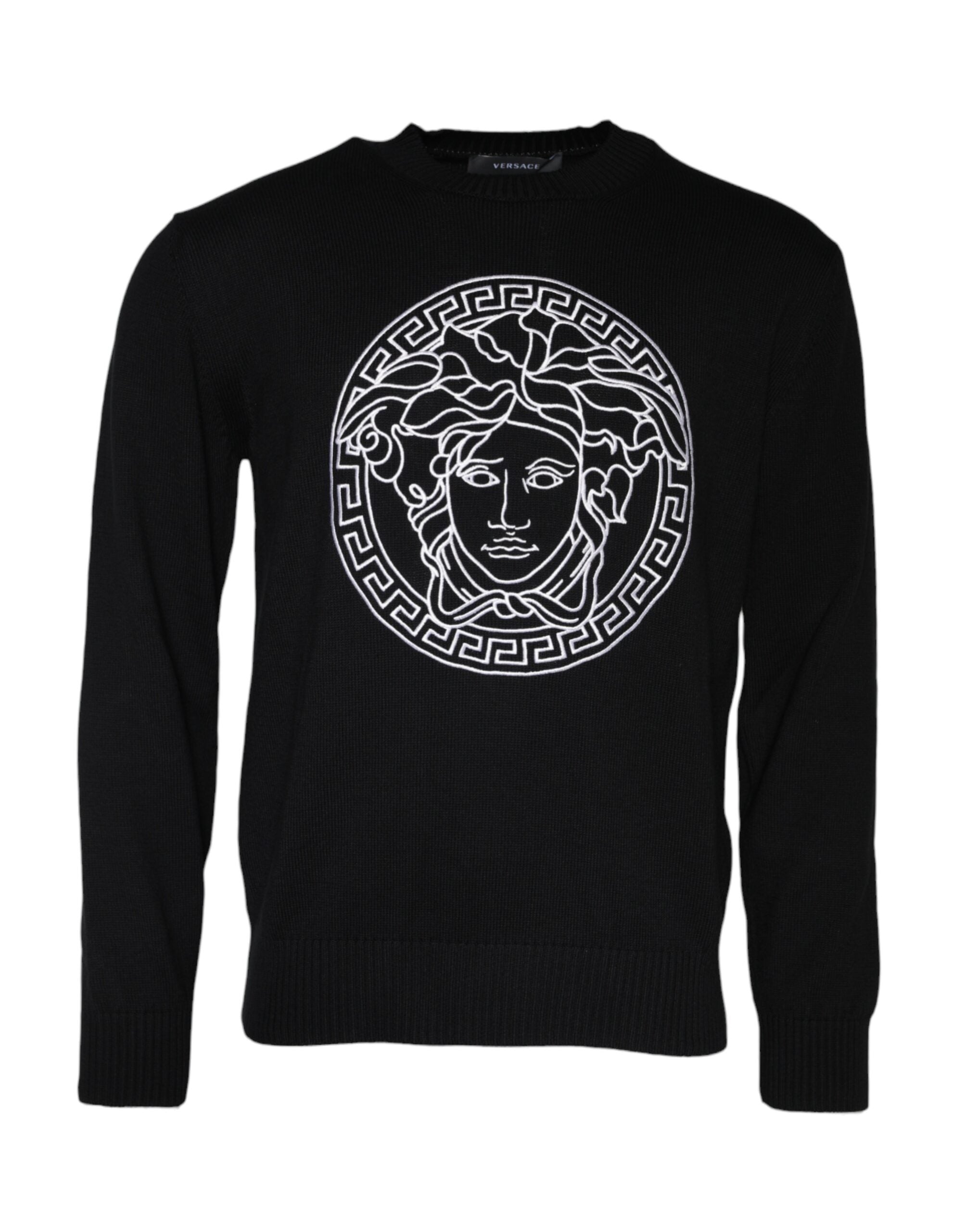 Schwarzer Pullover mit Medusa-Stickerei und Rundhalsausschnitt