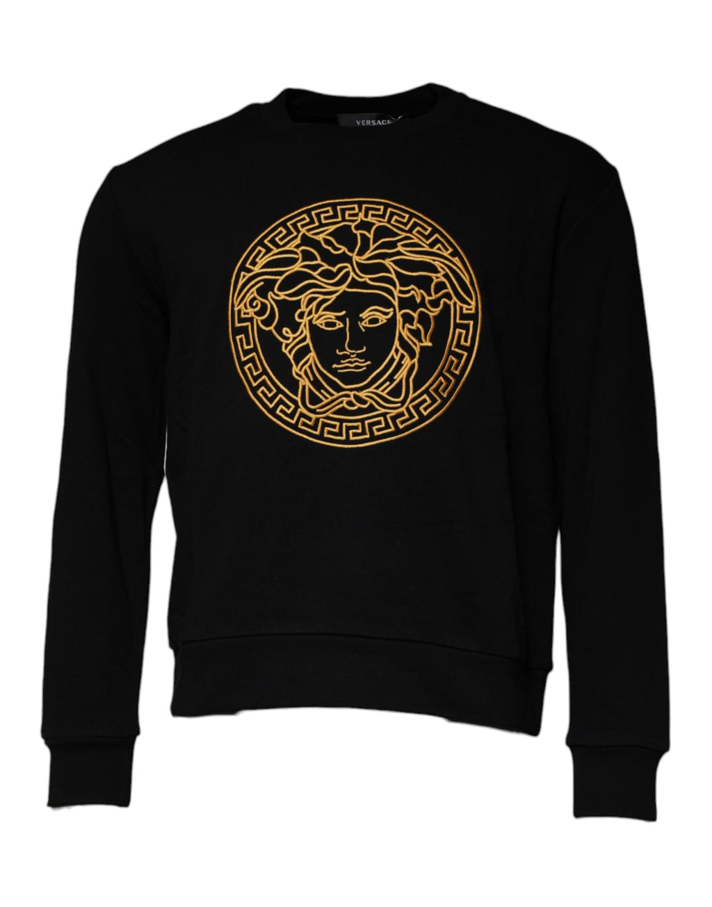 Schwarzer Pullover mit Medusa-Stickerei und Rundhalsausschnitt