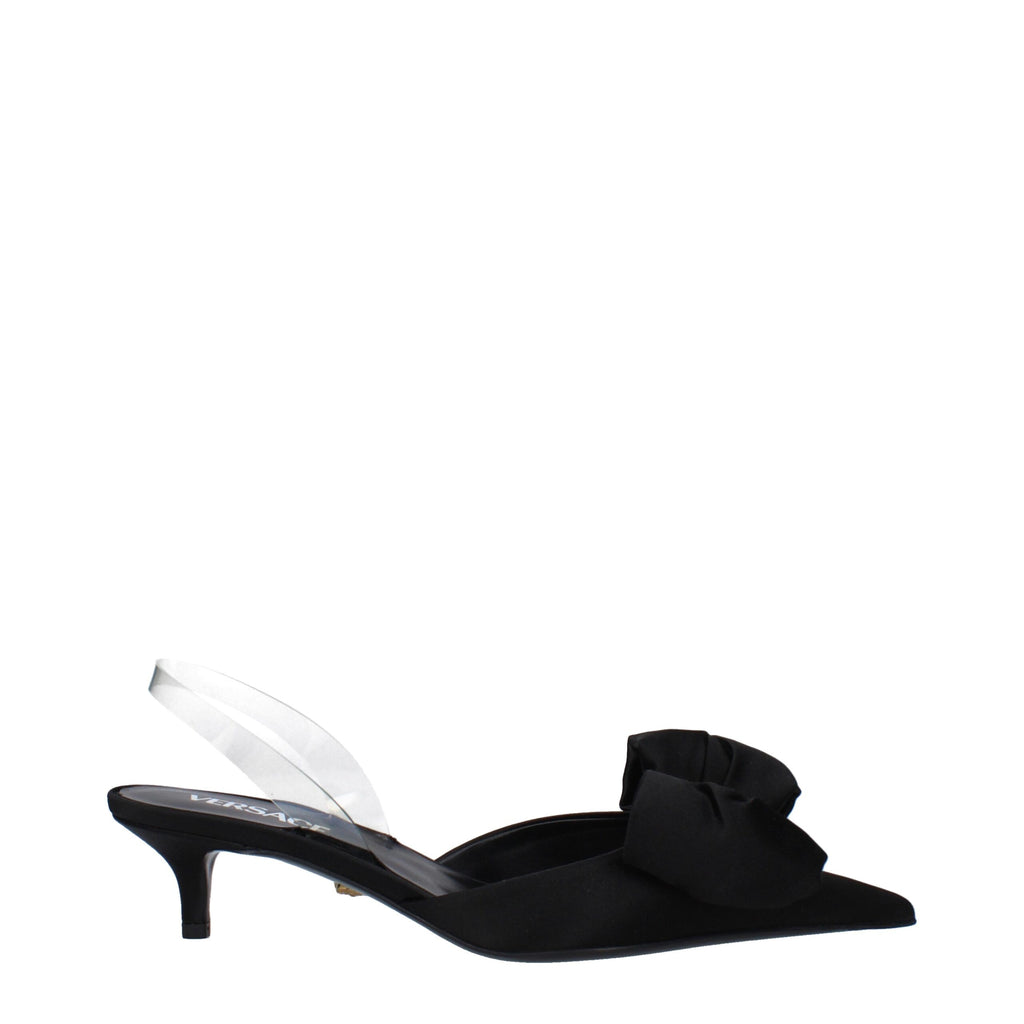 Schwarze Satin-Flachsandalen
