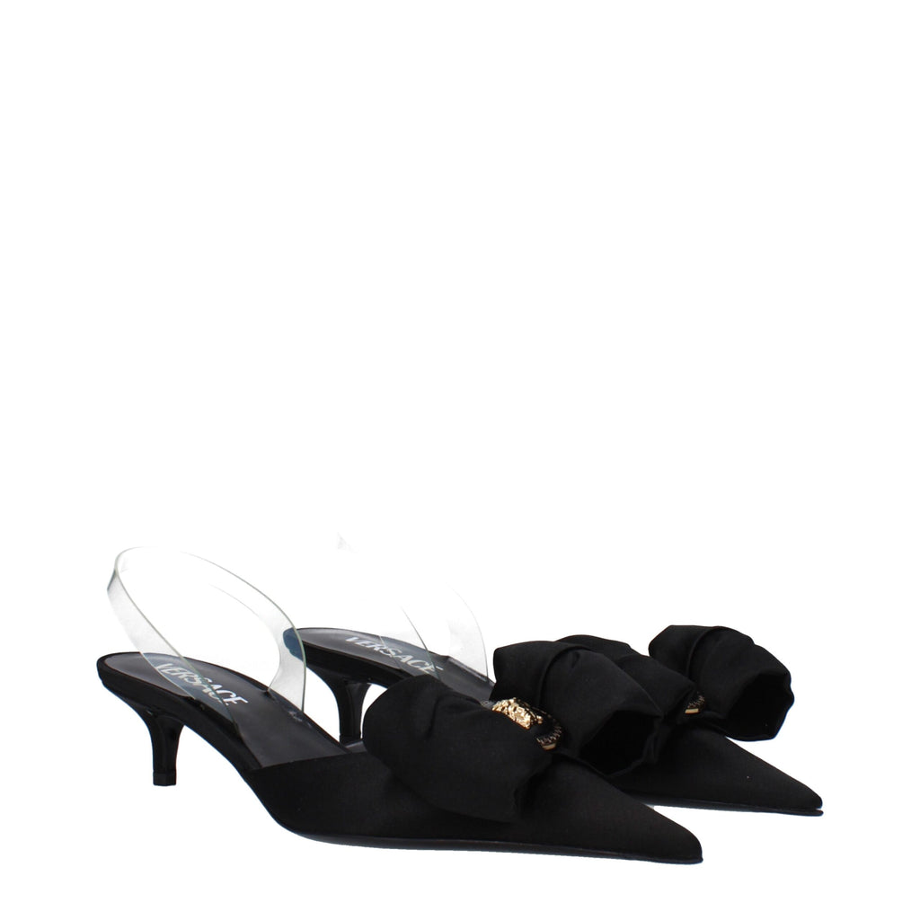 Schwarze Satin-Flachsandalen